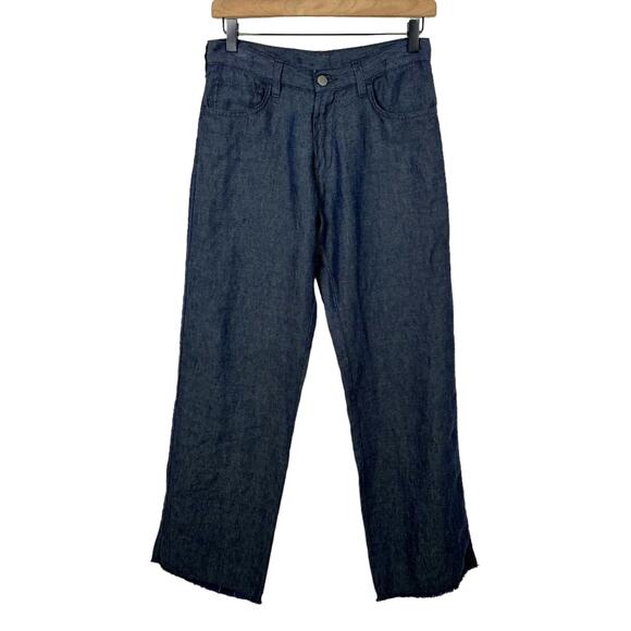 Massimo Alba | Alosa Navy Blue Linen Wide Leg Raw Hem Cut Relaxed Fit Pants - Picture 1 of 9